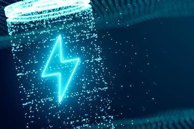 Artist's rendering of a 3D battery made up of neon particles